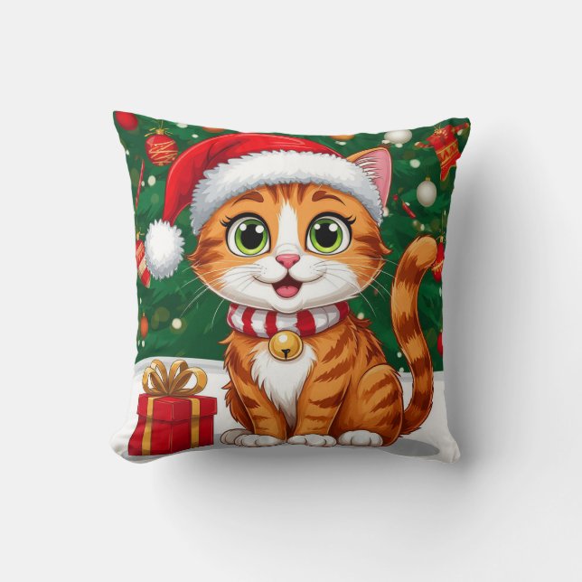 Adorable Cat in Santa Hat with Gift Cushion (Front)
