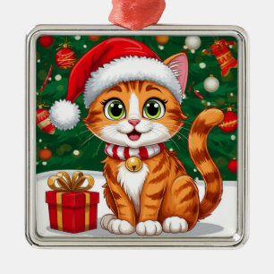 Adorable Cat in Santa Hat with Gift Metal Tree Decoration