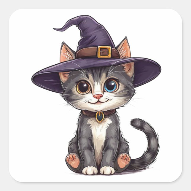 Adorable Cat in Witch Hat Square Sticker (Front)