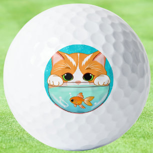 Adorable Cat Looking into Goldfish Bowl  Golf Balls