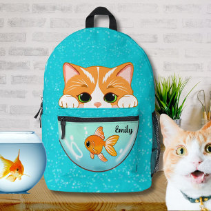 Adorable Cat Looking into Goldfish Bowl With Name Printed Backpack