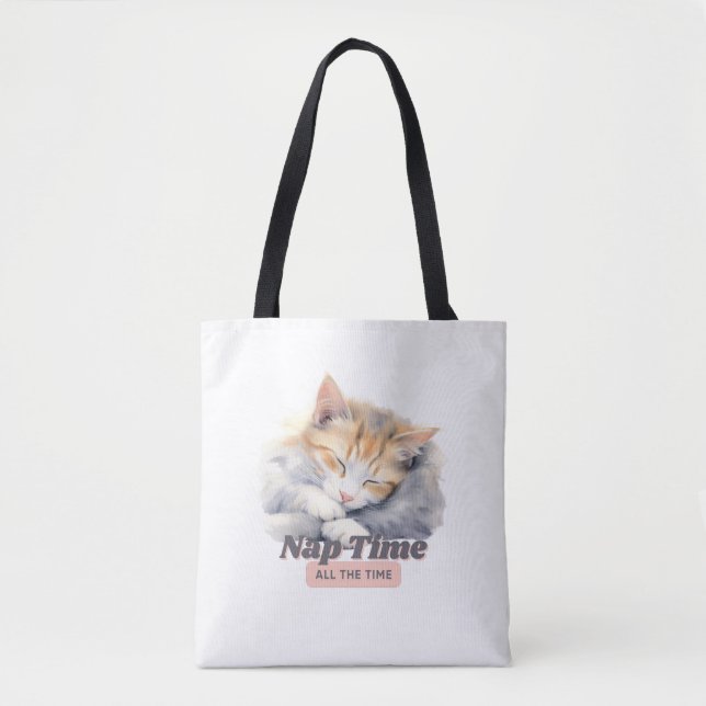 Adorable Cat “Nap Time All the Time” Tote Bag (Front)
