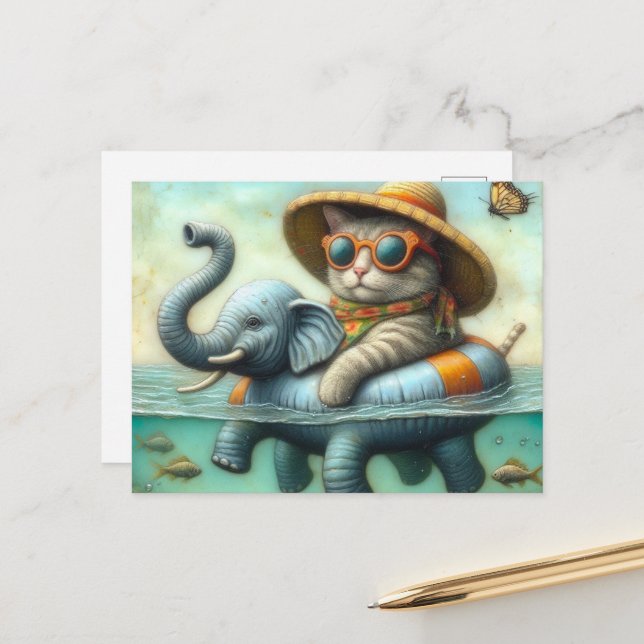 Adorable Cat on an Inflatable Elephant at the Lake Postcard (Front/Back In Situ)