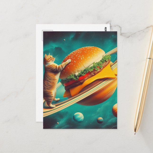 Adorable Cat on Cheeseburger Planet Postcard (Front/Back In Situ)