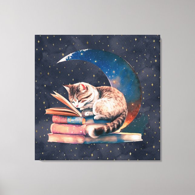 Adorable Cat on the Moon Reading A Book Canvas Print (Front)