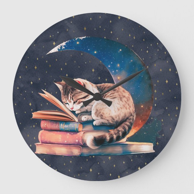 Adorable Cat on the Moon Reading A Book Large Clock (Front)