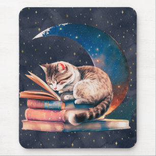 Adorable Cat on the Moon Reading A Book Mouse Mat