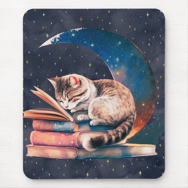 Adorable Cat on the Moon Reading A Book Mouse Mat (Front)