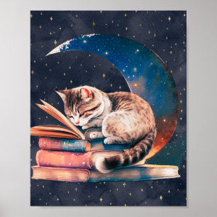 Adorable Cat on the Moon Reading A Book Poster