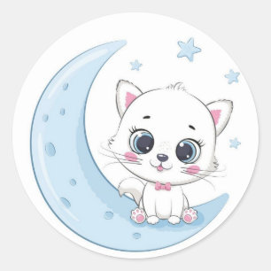 Adorable Cat ove tge Moon Classic Round Sticker
