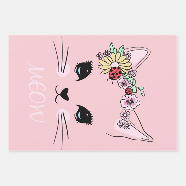Adorable Cat | Pink Cute Meow Cat Blanket Wrapping Paper Sheet (Front)