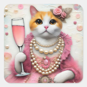 Adorable Cat Pink Dress With Pearls with Drink Square Sticker