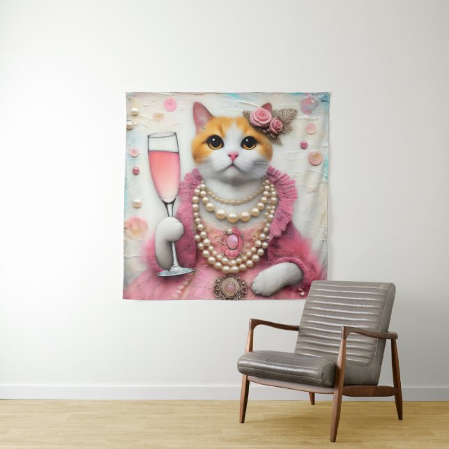 Adorable Cat Pink Dress With Pearls with Drink Tapestry (In Situ)