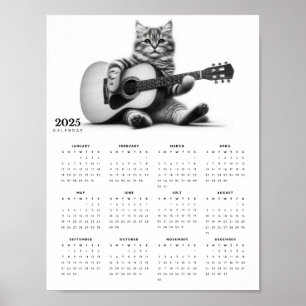 Adorable Cat Playing Acoustic Guitar 2025 Calendar Poster