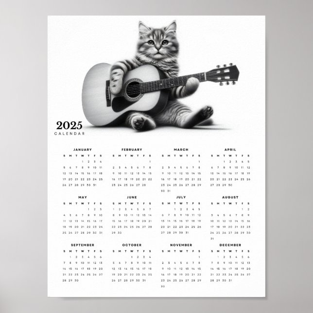 Adorable Cat Playing Acoustic Guitar 2025 Calendar Poster (Front)