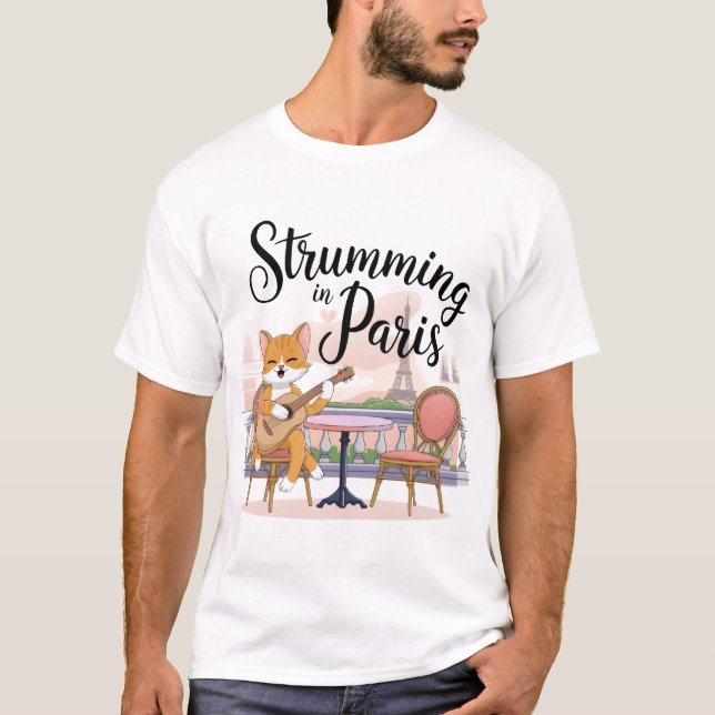 Adorable Cat Playing Guitar on Parisian Cat Art T-Shirt (Front)