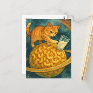 Adorable Cat Pushing Milk Off Planet Postcard