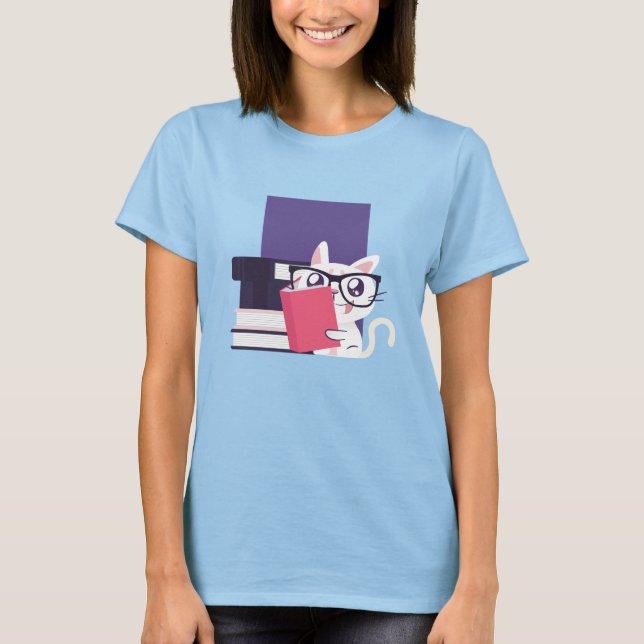 Adorable Cat Reading Books T-Shirt (Front)