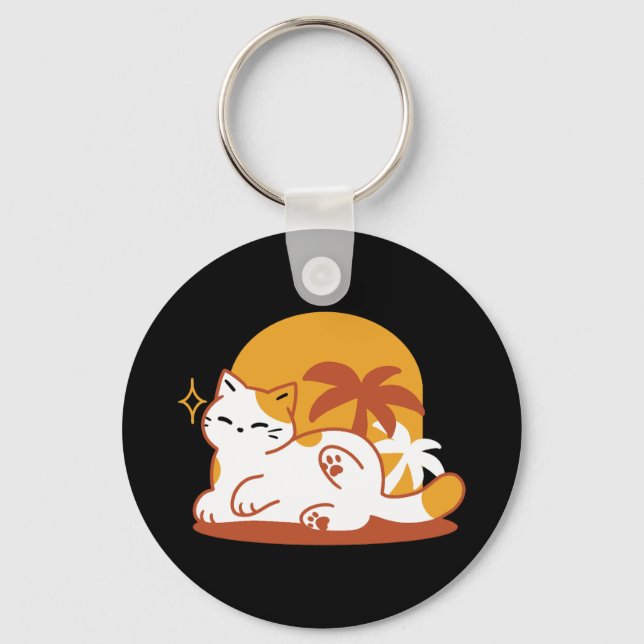 Adorable Cat Relaxing in the Sunshine – Summer Pet Key Ring (Front)