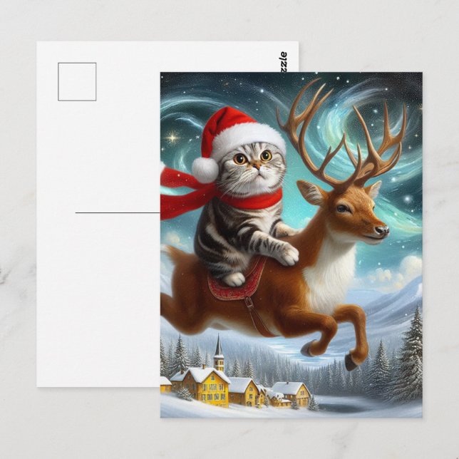 Adorable Cat Santa and the Reindeer Christmas Postcard (Front/Back)