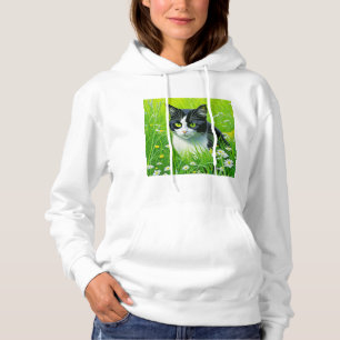 Adorable Cat sitting in a field of Daisies Hoodie