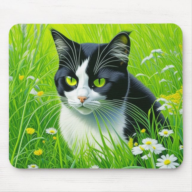 Adorable Cat sitting in a field of Daisies  Mouse Mat (Front)