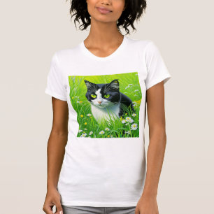 Adorable Cat sitting in a field of Daisies T-Shirt
