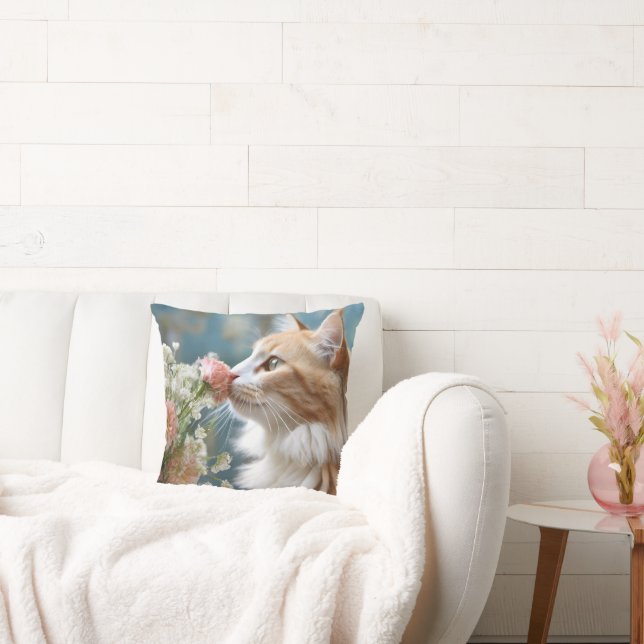Adorable Cat Smelling Flowers Pillow! Cushion (Couch)