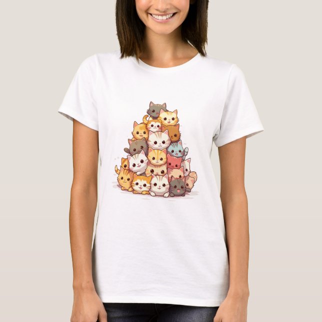 Adorable Cat Stack - Kawaii Cartoon T-Shirt (Front)