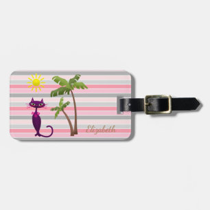 Adorable Cat, Sun, Palms On Stripe Luggage Tag