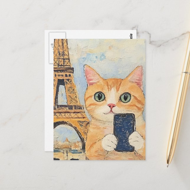 Adorable Cat Taking a Selfie in Paris Postcard (Front/Back In Situ)