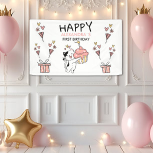Adorable Cat-Themed First Girl Birthday Banner