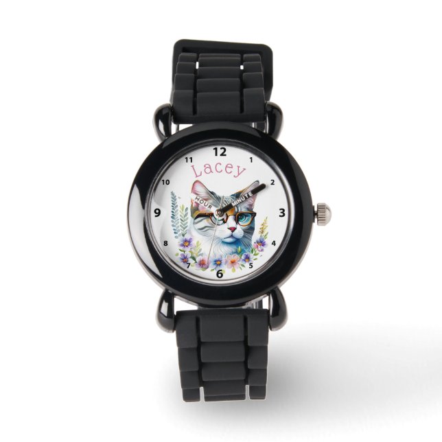 Adorable Cat Wearing Glasses Personalised Watch (Front)