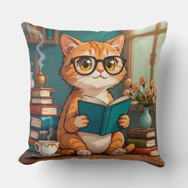 Adorable Cat Wearing Glasses Reading a Book Cushion (Front)