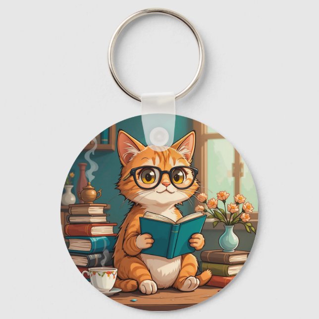 Adorable Cat Wearing Glasses Reading a Book Key Ring (Front)