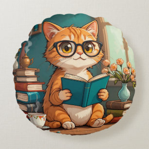 Adorable Cat Wearing Glasses Reading a Book Round Cushion