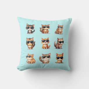 Adorable Cat Wearing Sunglasses On A Light Blue  Cushion