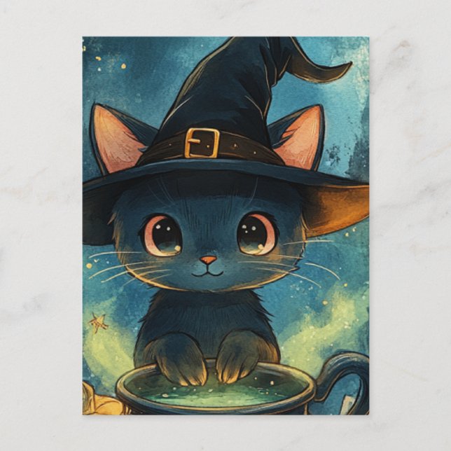 Adorable Cat Witch Postcard (Front)