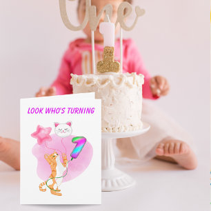 Adorable Cat With 1st Birthday Balloons Card