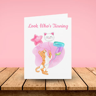 Adorable Cat With 7 Birthday Balloons Card