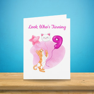Adorable Cat With 9th Birthday Balloons Card