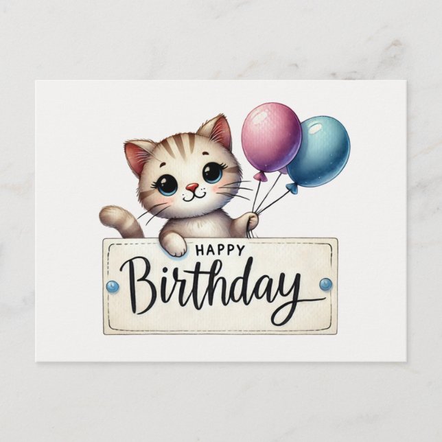 Adorable Cat with Balloons Birthday Card (Front)