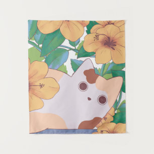 Adorable Cat with Flowers Tapestry