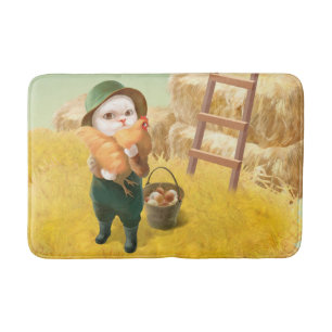 Adorable Cat with Hen on Farm Bath Mat