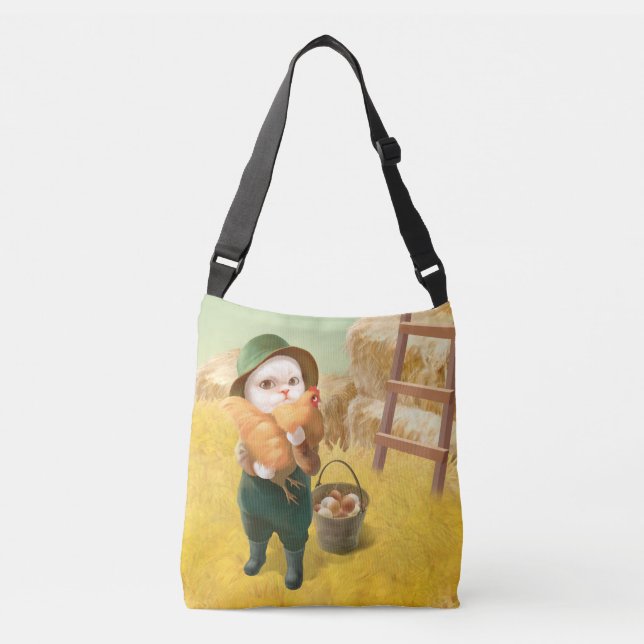 Adorable Cat with Hen on Farm Crossbody Bag (Front)