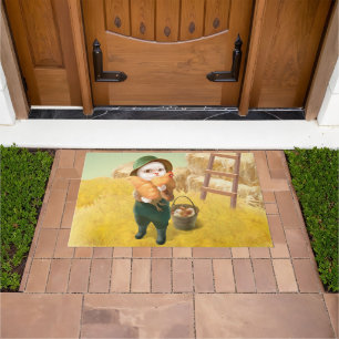 Adorable Cat with Hen on Farm Doormat
