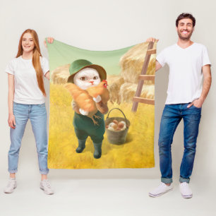 Adorable Cat with Hen on Farm Fleece Blanket