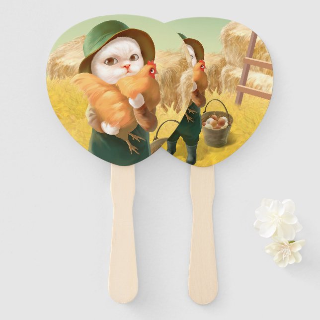 Adorable Cat with Hen on Farm Hand Fan (Front and Back)