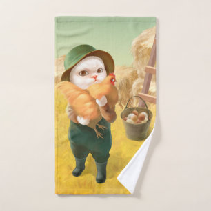 Adorable Cat with Hen on Farm Hand Towel