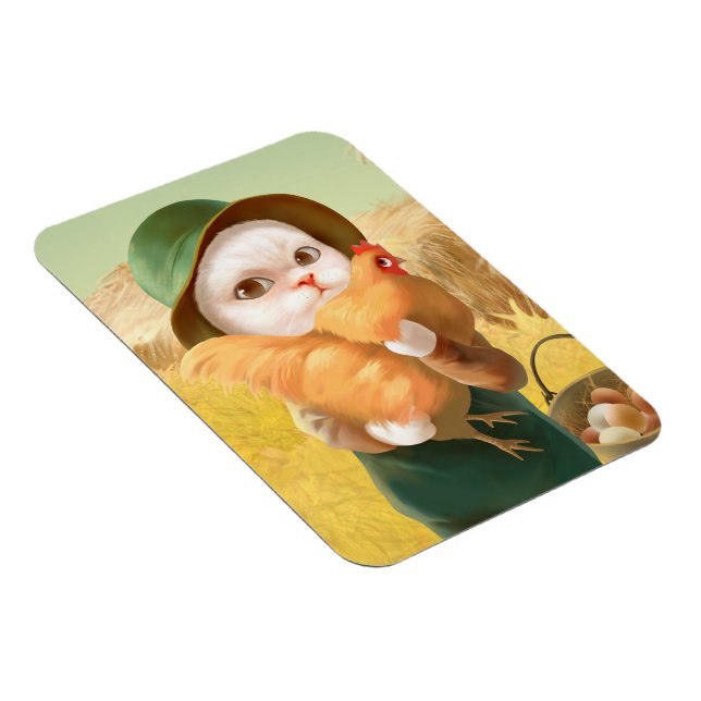 Adorable Cat with Hen on Farm Magnet (Right Side)